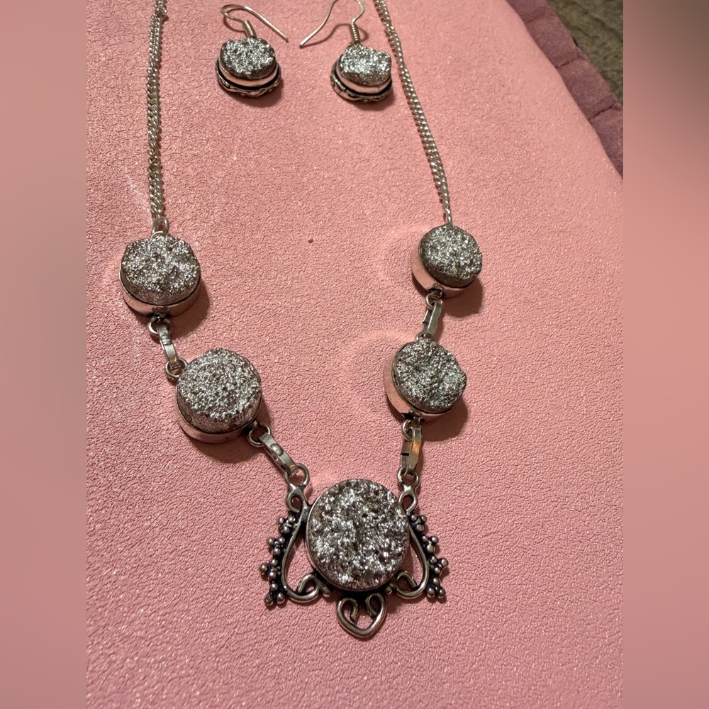 Sterling Silver titanium Druzy Crystal Necklace earring set